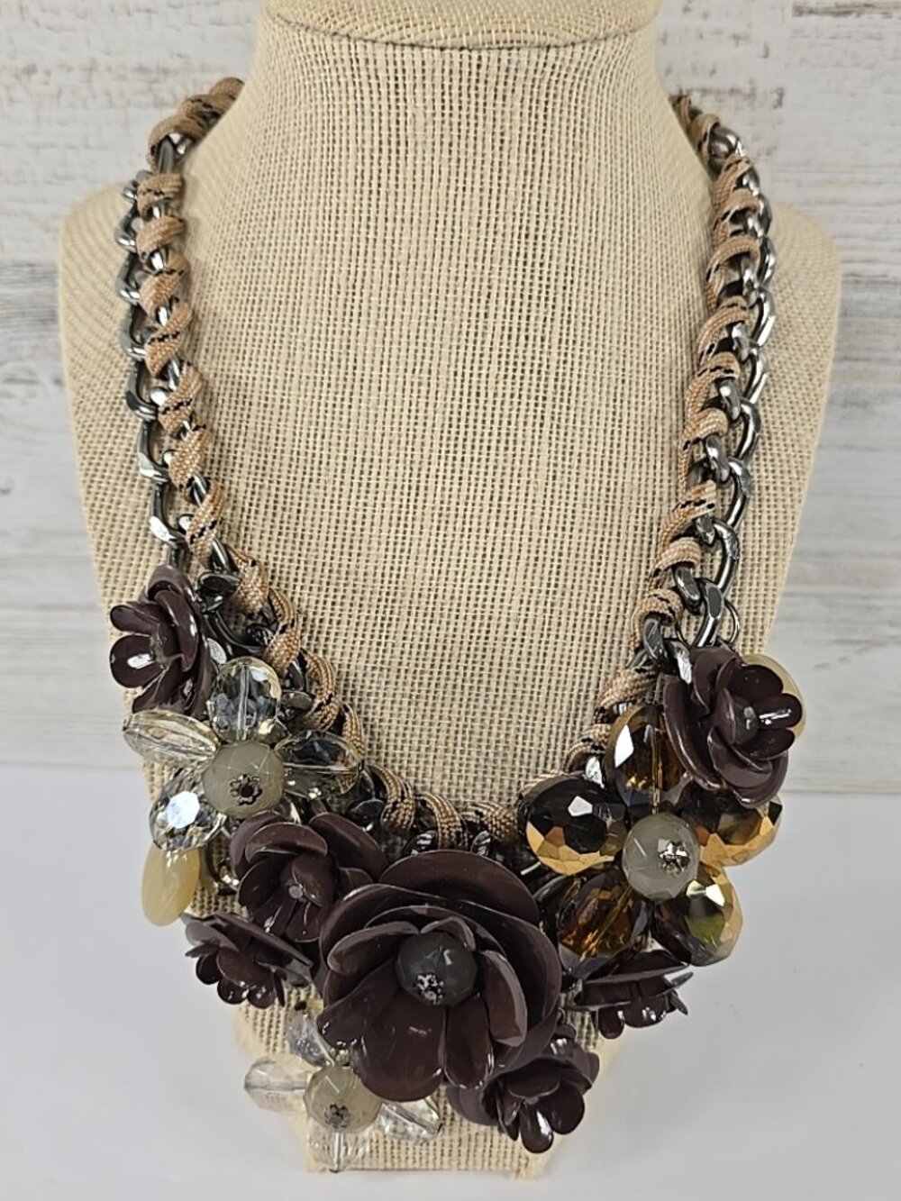 Metallic Flower Statement Necklace Braided Chain Brown Beads Chunky Bib Jewelry.
